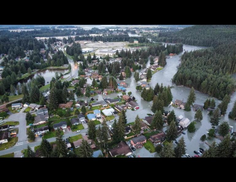 On August 6, 2024, a glacial outburst flood from Mendenhall Glacier flooded northern Juneau, Alaska. Flood waters overtopped the banks of the Mendenhall River for the second consecutive year. Photo by Alaska National Guard.