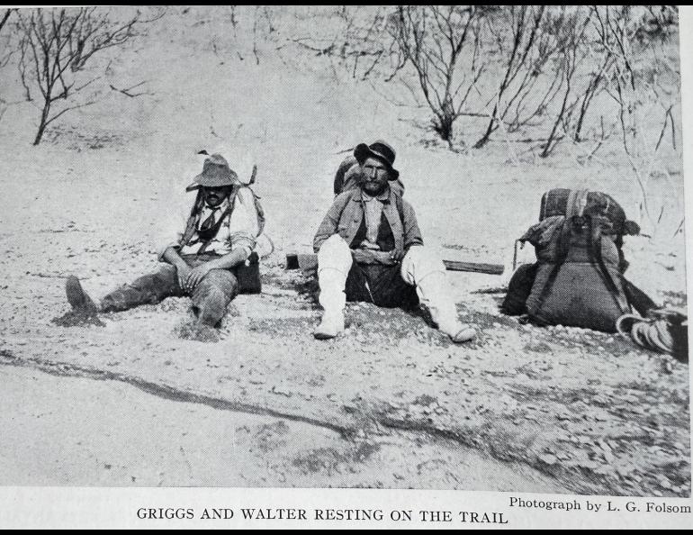 Robert Griggs, left, and Walter Metrokin of Kodiak rest during a 1916 expedition into the Valley of 10,000 Smokes on the Alaska Peninsula. Photo by L.G. Folsom, from the book “The Valley of 10,000 Smokes” by Robert Griggs.