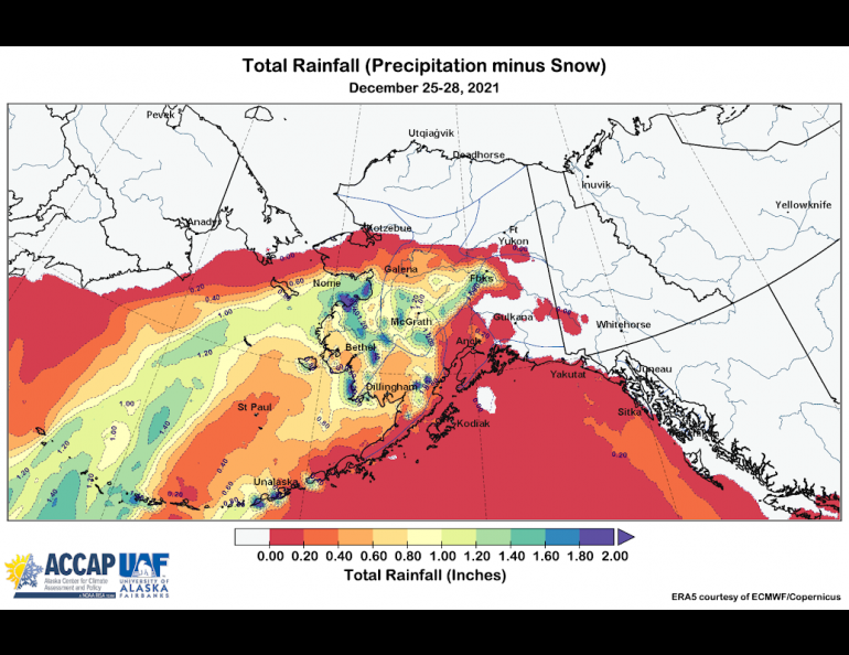 This map shows approximate rainfall amounts over Alaska during a powerful storm around Christmas 2021. Figure courtesy Rick Thoman.