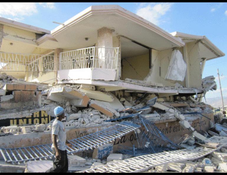 In Port-au-Prince, Haiti, a multistory building with a concrete roof collapsed during the magnitude 7.0 earthquake in January 2010. Photo by Rich Koehler.