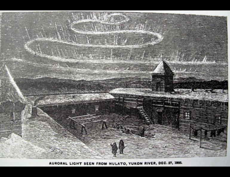 A Frederick Whymper sketch of the aurora as seen from Nulato, December 1866. From "Travel and Adventure in the Territory of Alaska."