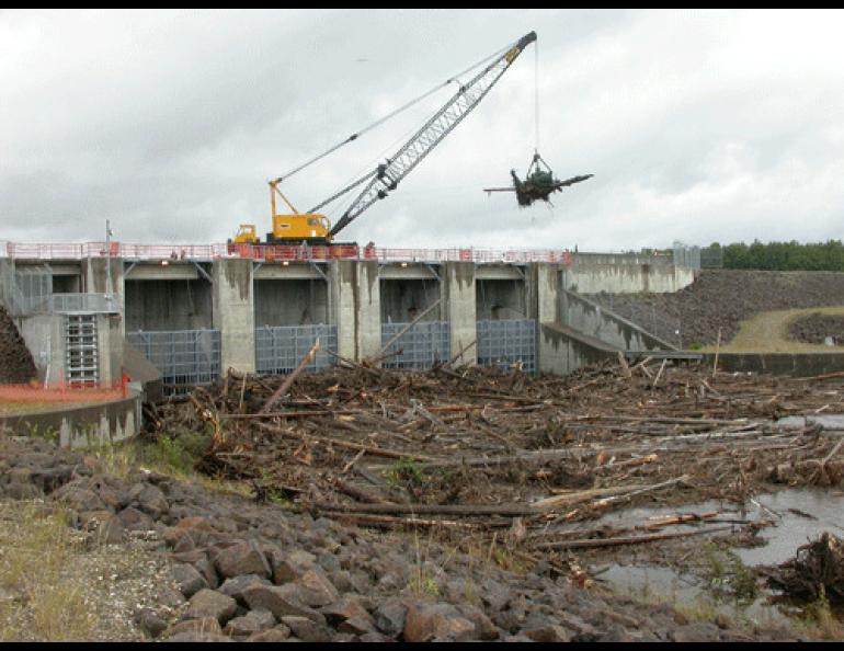 A crane operator removes debris from the floodgates at the Chena River Lakes Flood Control Project in August 2008. Photo by Ned Rozell.