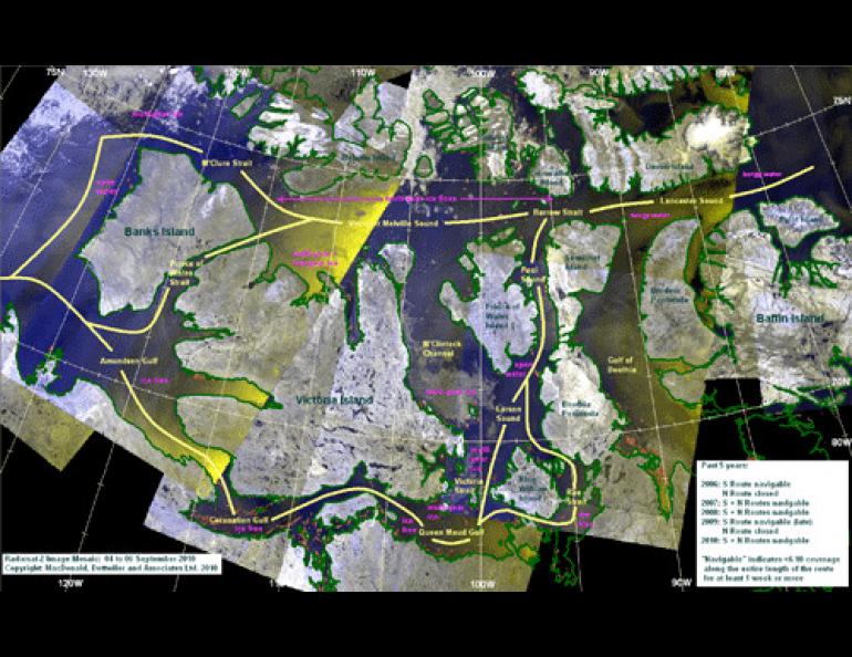 Yellow lines on this mosaic of satellite images show possible sailing routes through the Northwest Passage in early September 2010. Image courtesy of the Canadian Ice Service, copyright MacDonald, Dettwiler and Associates Ltd. 2010.