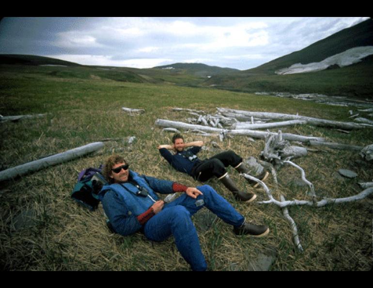 Keith Echelmeyer and Jon Miller relax on a two-month wilderness trip across northern Alaska. Photo by Chris Larsen.
