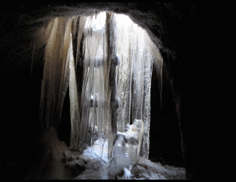 Icicles cling to a ladder in a Kivalina ice cellar. Photo by Ned Rozell