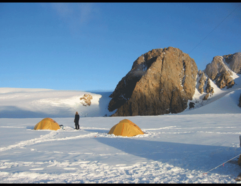 The University of Alberta’s Angus Duncan at a fieldwork camp on upper Belcher Glacier, Devon Ice Cap, Devon Island, Arctic Canada. Photo by Gabriel Wolken.