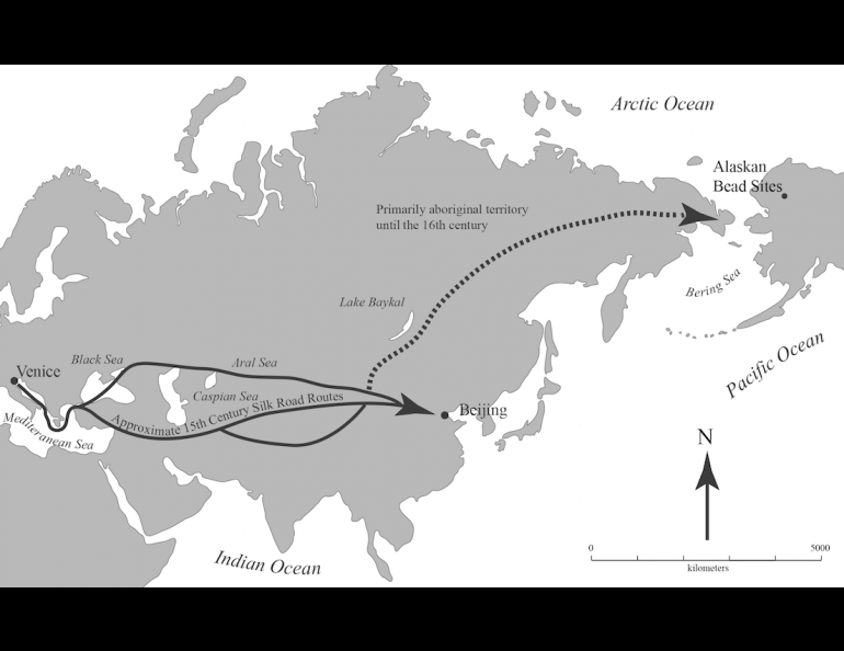 A possible route of small glass beads from the city of Venice to prehistoric house sites in northern Alaska. Both images from the January 2021 paper “A Precolumbian Presence of Venetian Glass Trade Beads in Arctic Alaska,” in the journal American Antiquity, by Michael Kunz and Robin Mills.
