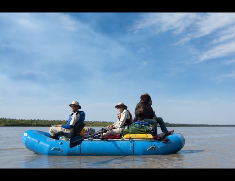 Carl Tape, Michael West, Matt Gardine, and Celso Alvizuri travel by raft on the Tanana River to install motion detectors in the Minto Flats seismic zone.