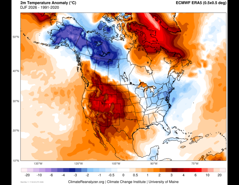 A graphic shows the winter of 2025-2026 (December-February) temperature anomaly in which a stalled jet stream flow of air made some areas of the country warmer than usual, some colder. Courtesy of Martin Stuefer, UAF Alaska Climate Research Center.