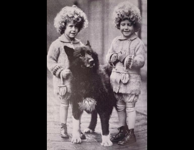 The Quackenbush twins of Seattle greet Balto in March 1925 after the dog and musher Gunner Kaasen arrived from Alaska. Photo from the Cleveland Press Collection, Cleveland State University.