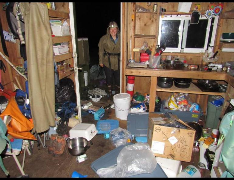 This photo sent via satellite phone shows the interior of a cabin on Chowiet Island a few hours after a nearby magnitude 8.2 earthquake. Photo by Katie Stoner, Alaska Maritime National Wildlife Refuge.