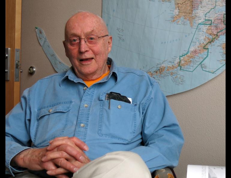 Carl Benson relaxes at the Geophysical Institute in 2014. Photo by Ned Rozell.