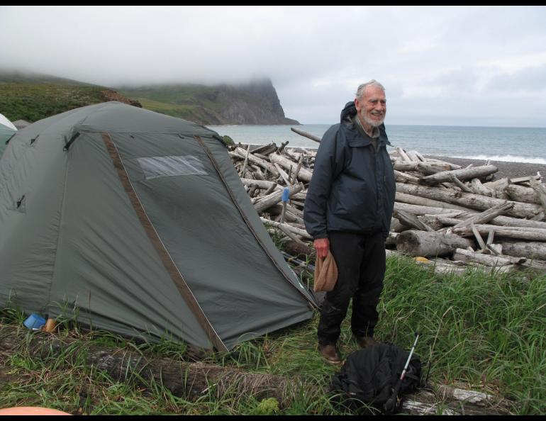 David Klein in front of his tent near Bull Seal Point on St. Matthew Island in 2012. Photo by Ned Rozell.
