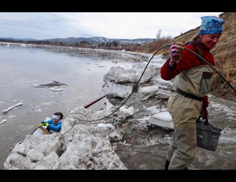 Liz Richards, left, a hydrologic technician for USGS, and Heather Best, a USGS hydrologist, repair a river-level measuring device that ice damaged during Yukon River breakup a few days earlier. Photo by Ned Rozell.