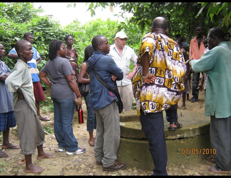 Lew Shapiro, in white hat, inspects a potential water system repair project in Ghana on July 5, 2010. Photo by Josie Sam.