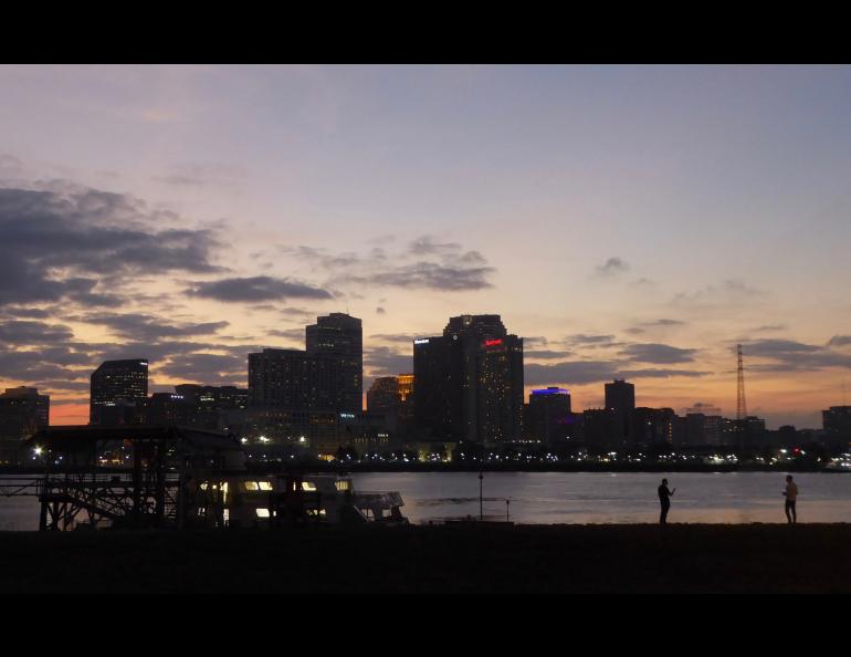 New Orleans and the Mississippi River at sunset. Photo by Ned Rozell.