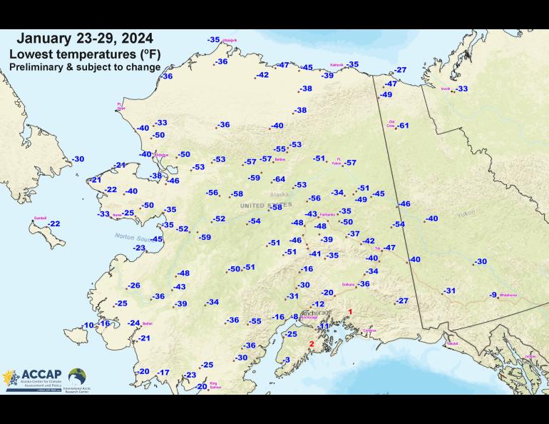 Rick Thoman of the Alaska Center for Climate Assessment and Policy created this graphic showing the lowest temperatures recorded at different locations throughout Alaska in late January 2024.