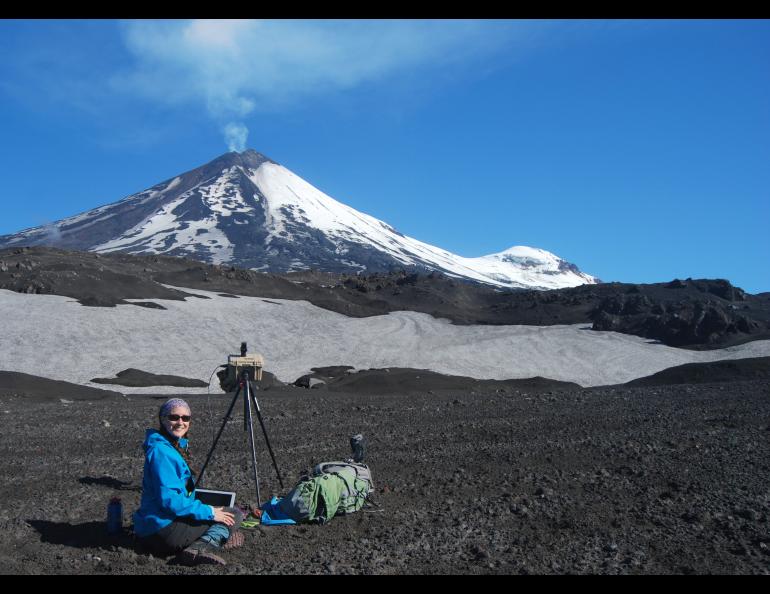 Volcanologist Taryn Lopez near Pavlof Volcano on the Alaska Peninsula in 2017. Photo by Pavel Izbekov.