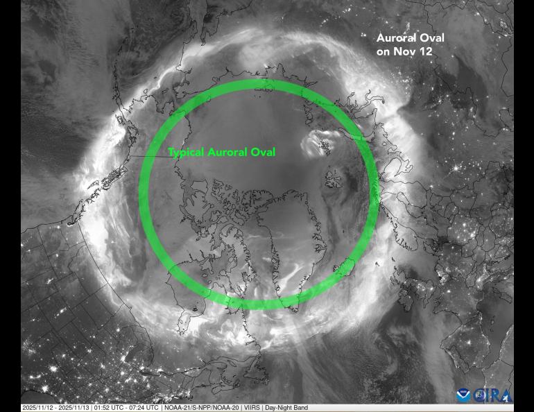 This mosaic image shows combined passes from NOAA 21, Suomi NPP, and NOAA 20 satellites. All show the auroral oval during the geomagnetic storm of Nov. 11-12, 2025. Vincent Ledvina, a graduate student researcher at the UAF Geophysical Institute, added the typical auroral oval.
