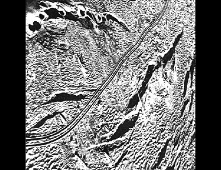New truck tracks cut across an area of the beach badly fissured during the Lituya Bay earthquake. Older tracks made before the earthquake show faintly. Several sandblows in the fissure at left have partially filled it with sand.
