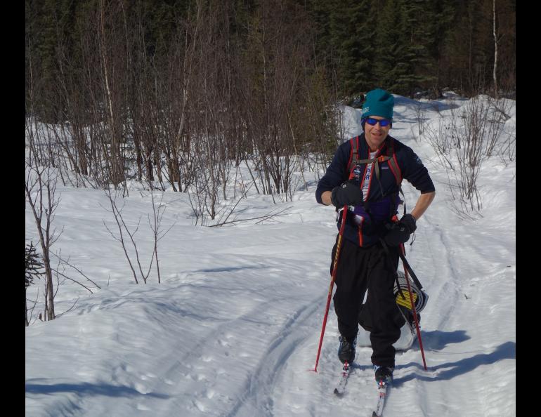 Andy Sterns skis to a rental cabin not far from Fairbanks. Photo by Ned Rozell.