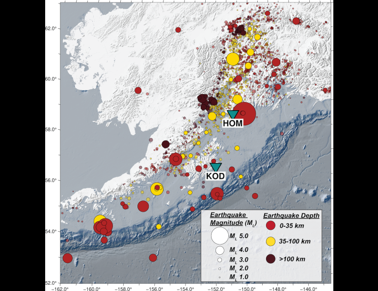 The figure shows the approximately 2,700 earthquakes that occurred in Southcentral Alaska between Sept. 10 and Nov. 12, 2025. Also shown are the locations of the two research sites: HOM and KOD. Figure by Cade Quigley