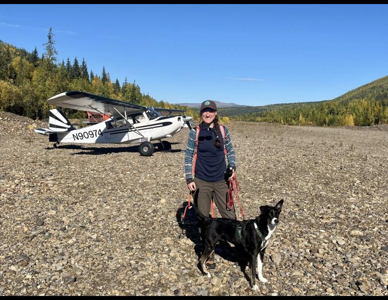 Jordan Pruszenski and her dog Myo after Pruszenski landed her plane on the Coal Creek airstrip in Yukon-Charley Rivers National Park and Preserve in September 2025. Photo courtesy Jordan Pruszenski.