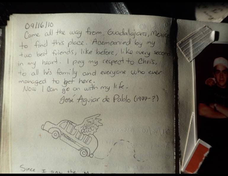 A journal entry seen inside the bus in 2017 above the Sushana River from one of the many people who made pilgrimages to the bus after the book and movie Into the Wild. Photo by Ned Rozell.