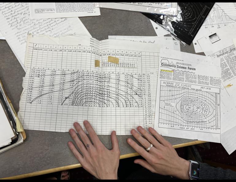 Hand-drawn tables and xeroxed newspaper article