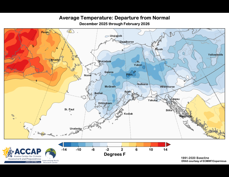 Rick Thoman of the Alaska Center for Climate Assessment and Preparedness created this Alaska-centric graphic of how cold Alaska has been compared to long-term records. “Note that the bulls-eye of cold is exactly over our town,” he wrote.