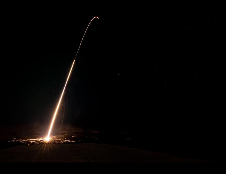 A sounding rocket launches from Poker Flat Research Range during spring 2025. Photo by Bryan Whitten.
