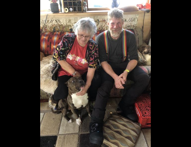Shirley Clark of Grayling, Alaska, welcomes biker Jamie Hollingsworth to her home during his ride to Nome with two friends. Photo courtesy Jamie Hollingsworth.