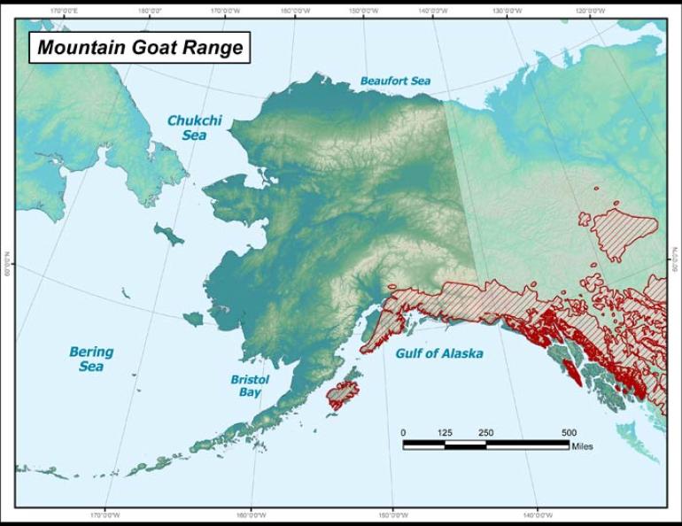  The mountain goat’s range in Alaska and neighboring provinces and territories of Canada. Map courtesy of Alaska Department of Fish and Game.