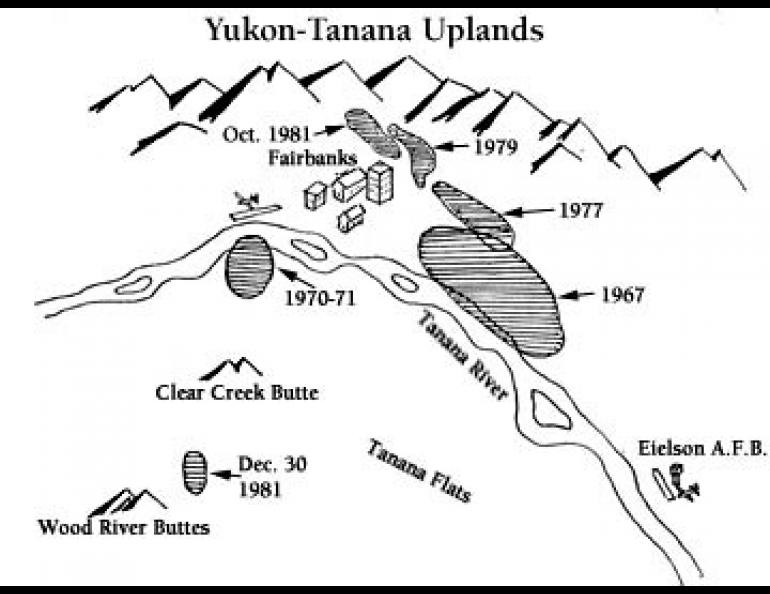 Locations of various earthquake swarms in the Fairbanks area since 1967. It is likely that the aftershock zone of the December 30, 1981 earthquake will expand in the future. 