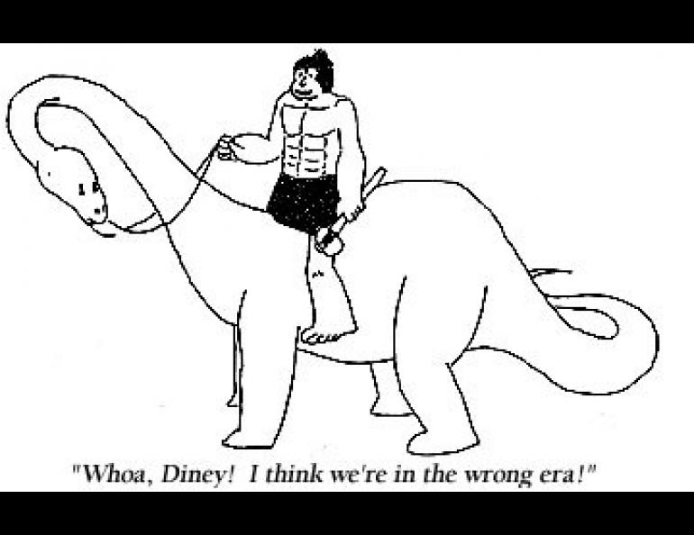 Cartoon depicting a human and his pet dinosaur. 