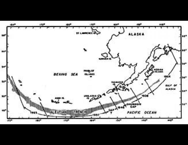 Schematic of the Aleutian arc showing specific segments along which strain has been released by major earthquakes within recent years. The Shumagin Gap last experienced a major earthquake in 1848 and is long overdue for another. The line segments crossing the arc indicate the directions of relative motion as the North Pacific plate underthrusts the North American plate beneath the Bering Sea. (click on image to see larger schematic map.) 