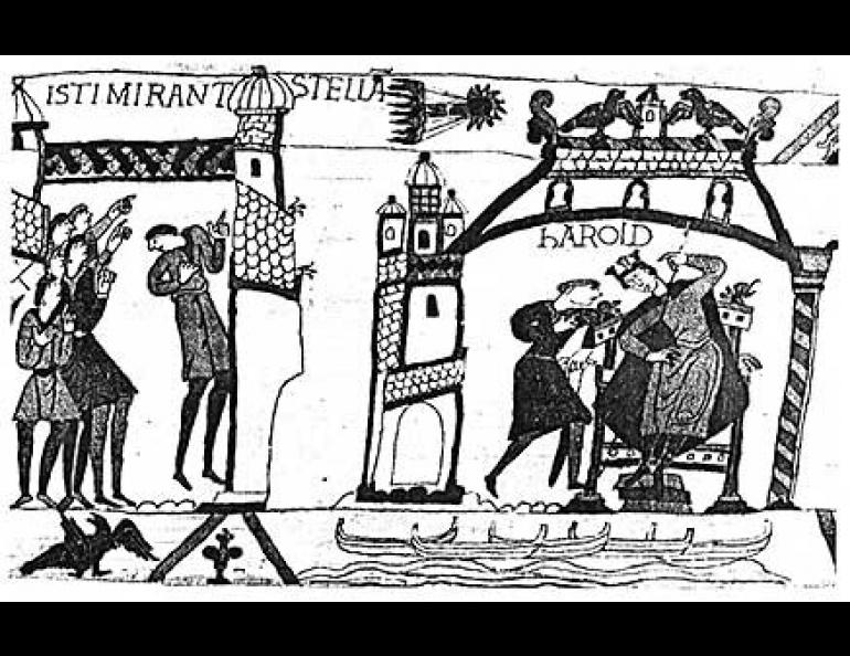 Portion of the Bayeaux tapestry, depicting a highly stylized Halley's comet at the top which appears to be pulling an aerial advertising sign. The men at the left are Englishmen in the Spring of 1066 and the legend above them actually reads: "These men wonder at the star." At right, King Harold II of England is being told of the bad omen, and he imagines the invasion ships at his feet that foreshadow his defeat.