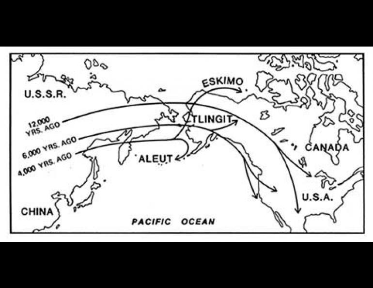 Suspected routes of immigration from northeast Asia into Alaska during the past 12,000 years. Those penetrating beyond Alaska are thought to have traveled as far as South America. (Figure adapted from the December issue of Science 83). 