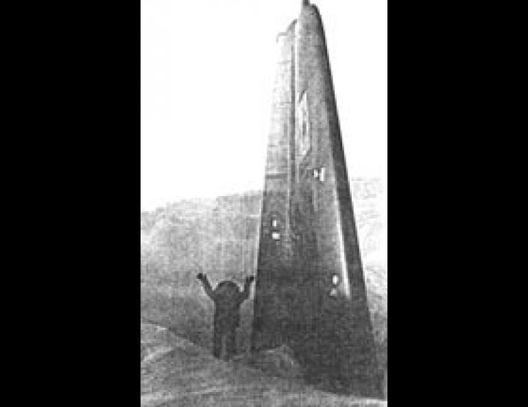 Shows an Air Force C-47 on Fletcher's Ice Island (T-3) near the North Pole, which crashed in the early 1950s during flights carried out by Col. Joe Fletcher out of Ladd Air Force Base (now Fort Wainwright) near Fairbanks.