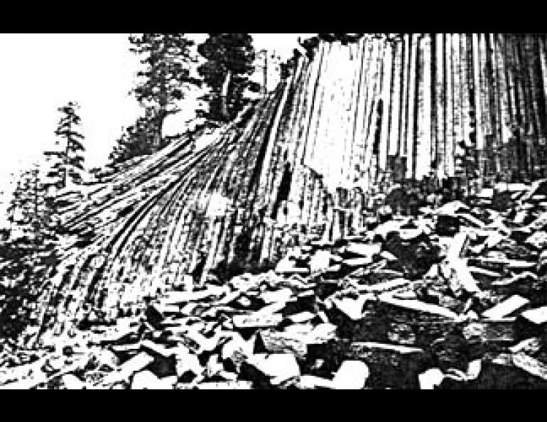 Columnar jointing at the Devil's Post Pile National Monument in California and a miniature display found by David Stone near Healy, Alaska. (Geophysical Institute photograph)
