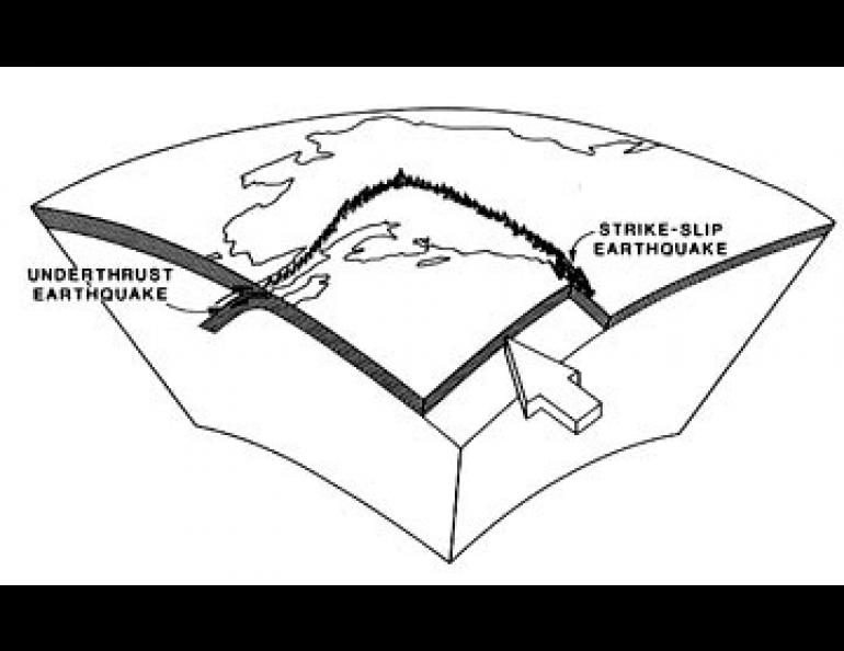 Simplified diagram showing the relationship between the moving Pacific plate and the North American continent along a strike slip fault (the Denali) and the underthrust fault along Cook Inlet. 