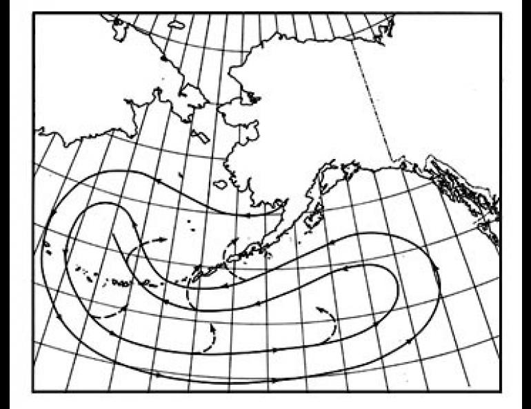 Migration route for sockeye salmon from Bristol Bay. After entering the Alaska Gyre from the west Bering Sea, they will make one or possibly several circumnavigations before abruptly breaking off and returning directly to their spawning grounds by passing through the Aleutians (broken lines). (Geophysical Institute Illustration)