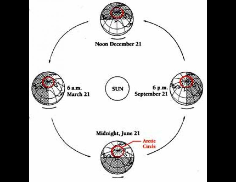 During the winter solstice the sun does not shine north of the Arctic Circle; during the summer solstice it does not set there. During the equinoxes, there are equal hours of sunlight and darkness all over the globe (shown rotated to approximate local times indicated). (Geophysical Institute illustration.) 