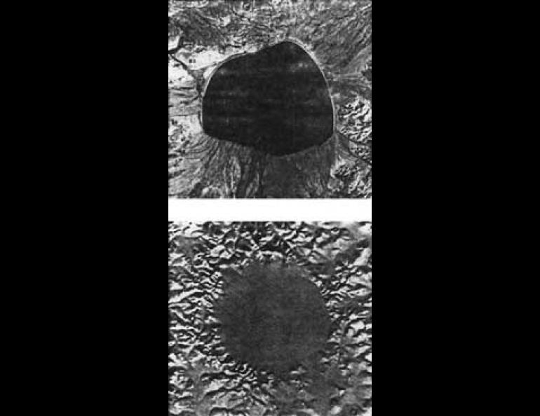U-2 photographs of 2-mile wide Sithylemenkat Lake between Bettles and Tanana (top) and Landsat image of 9-mile wide Elgygytgyn Lake in Siberia (bottom). Both are meteorite impact craters about 100,000 years old.