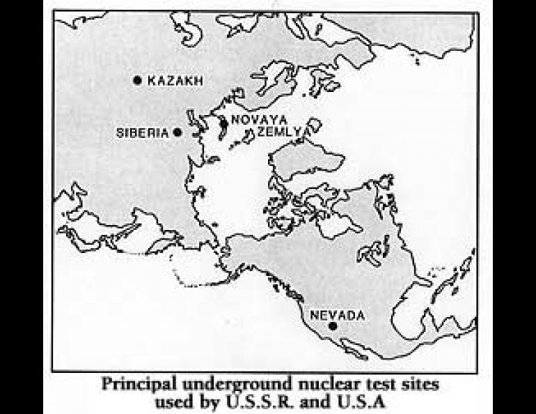 Soviet nuclear test sites are located in geologically old, tectonically stable areas. The Nevada test site is situated in the vigorously tectonically active western U.S.
