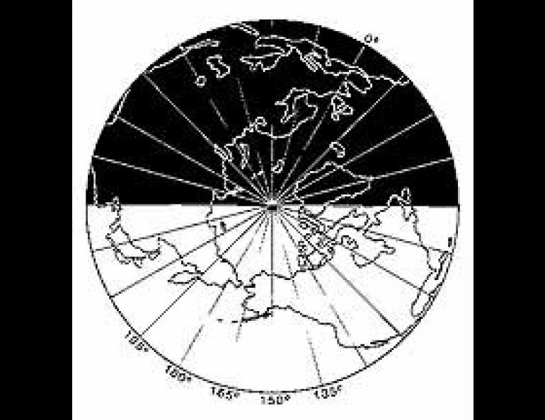 The earth as seen from above the North Pole at solar noon on the 150th meridian (close to Anchorage and Fairbanks) on the day of the spring equinox. The straight lines are meridians, and are spaced 1 hour solar time apart. Clock time through most of Alaska is determined by the average position of the sun relative to the 135th meridian, where it is already 1 pm. 