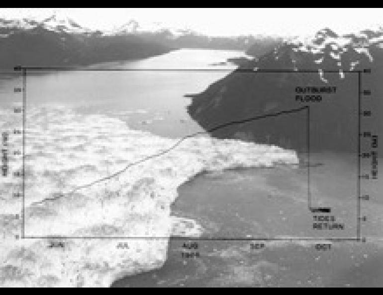 Russell Lake, with a graph of water level superimposed. A larger version (120 K) with a more readable graph can be obtained by clicking on the image at right. 