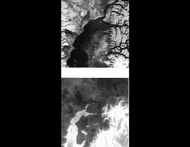 Two winter infrared satellite images of the Cook Inlet area. The one on the left is a Landsat image in the very near (photographic) infrared, taken in November. The scene is clearly illuminated by sunlight, and shows sediment patterns in Cook Inlet and a number of unfrozen lakes in the lowlands of the Kenai Peninsula.