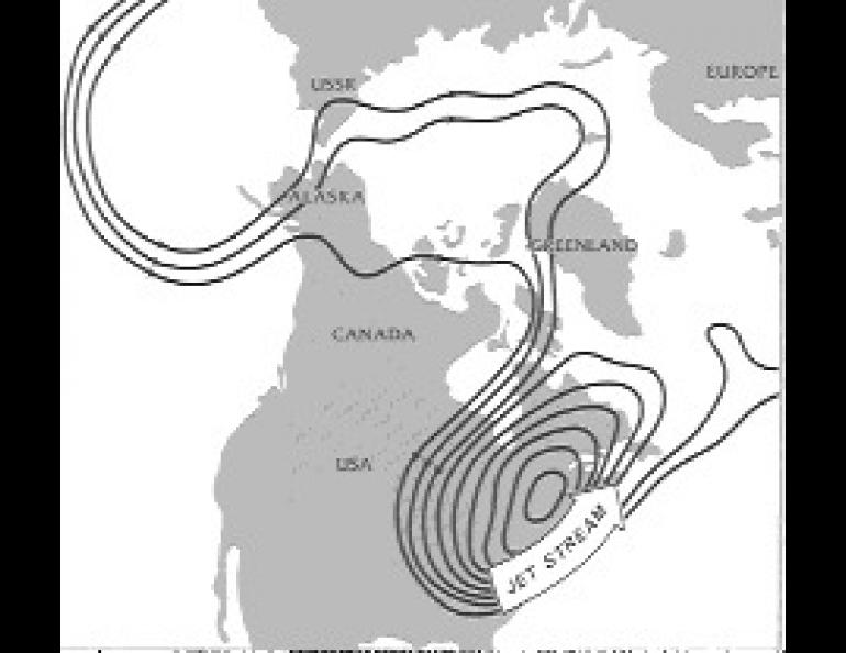Winds about 3 miles above the earth's surface on Sunday, January 20, 1984. As the stream of cold air heading south from the pole reached the east coast the following day, high winds and temperatures just above zero forced the Presidential Inauguration indoors for the first time in history. Anchorage temperatures that day were well above freezing, and most of Alaska was 5 to 15 degrees warmer than usual for that time of year.