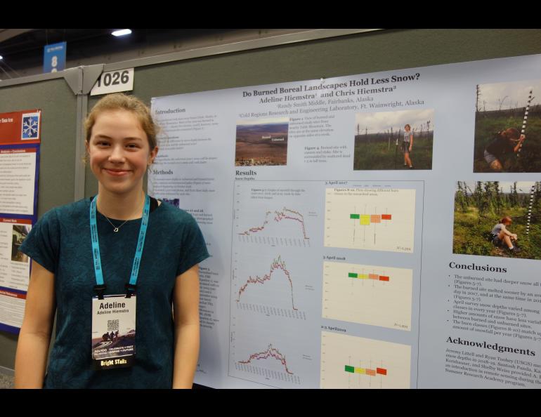 Adeline Hiemstra, a 14-year-old eighth grader at Randy Smith Middle School in Fairbanks, presented at the massive American Geophysical Union Fall Meeting in December 2019 at San Francisco. Photo by Ned Rozell. 